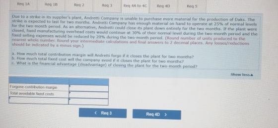 Reg 1A Reg 1B Reg 2 Req3 Reg 4 to 4C Reg 40 Reg 5 Due to a strike in its suppliers plant, Andretti Company is unable to purc