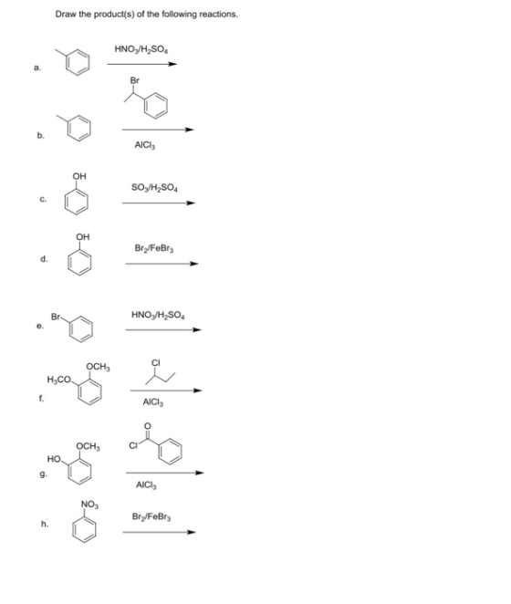 Draw the product(s) of the following reactions HNO,/H2SO а. Br b. AICI он So/H2SO C. Он Br/FeBr3 d. HNO3/H2SO4 Br e. OCH3 H3C