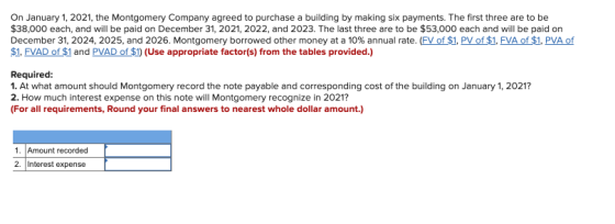 On January 1, 2021, the Montgomery Company agreed to purchase a building by making six payments. The first three are to be $3