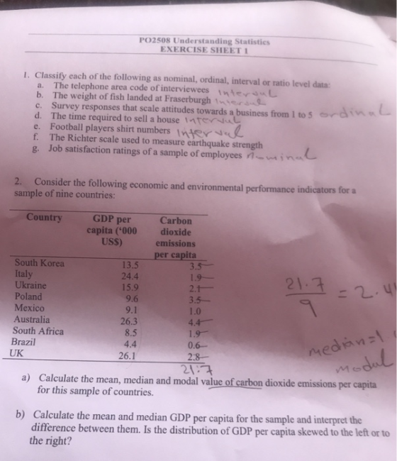 PO2508 Understanding Statistics EXERCISE SHEET1 1. Classify each of the following as nominal, ordinal, interval or ratio level data: a. The telephone area code of interviewees inten。し b. The weight of fish landed at Fraserburgh ner c. Survey responses that scale attitudes towards a business from 1 to 5 d. The time required to sell a house nternuL e. Football players shirt numbers Inter f. The Richter scale used to measure earthquake strength g. Job satisfaction ratings of a sample of employees 2. Consider the following economic and environmental performance indicators for a sample of nine countries: Country GDP per Carbon capita (000 dixide USS) emissions per capita 3.5- 1.9-一 South Korea Italy Ukraine Poland Mexico Australia South Africa Brazil 13.5 24.4 15.9 9.6 9.1 26.3 8.5 4.4 26.1 2.1 3.5- 1.0 4.4 0.6- 2.8- 217 a) Calculate the mean, median and modal value of carbon dioxide emissions per capita aud UK for this sample of countries. b) Calculate the mean and median GDP per capita for the sample and interpret the difference between them. Is the distribution of GDP per capita skewed to the left or to the right?