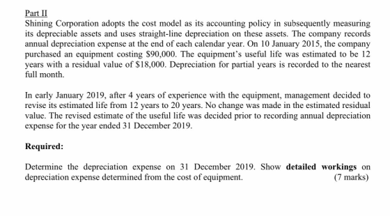 Part II Shining Corporation adopts the cost model as its accounting policy in subsequently measuring its depreciable assets a