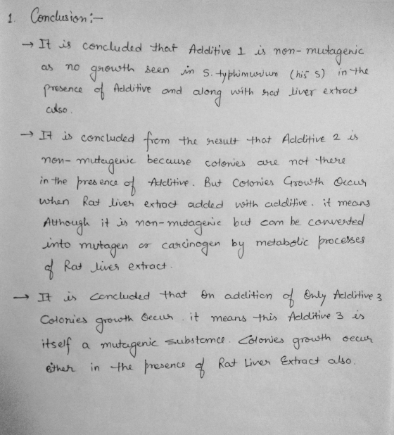 1 Conclusion:- → It is concluded that Additive 1 is non-mutagenic as no growth seen in S. typhimwium (his s) in the presence