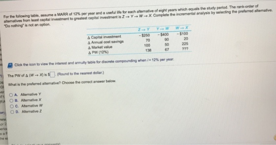 For the following table, assume a MARR of 12% per year and a useful life for each alternative of eight years which equals the study period. The rank-order of alternatives from least capital investment to greatest capital investment is Z ·Y? W? X Complete the incremental analysis by selecting the prefer ed altemative. Do nothing is not an option. $250 $400 $100 Capital investment ? Annual cost savings ? Market value ? PW (12%) 70 100 138 90 50 67 20 225 ?7? Click the icon to view the interest and annuity table for discrete compounding when i-12% per year. The PW of ? (W X)is1(Round to the nearest dollar.) What is the preferred alternative? Choose the correct answer below. F1 OA. Alternative Y FIA, OB, Alternative X O C. Altemative W DF OD. Alternative Z pr he