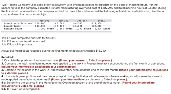 Tyler Tooling Company uses a job order cost system with overhead applied to products on the basis of machine hours. For the u