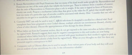 2. W 3. Bonnic Bacteroidetes told Floyd Firmicutes that too many of his kind would make people fat. Bacteroidetes and Firmicu