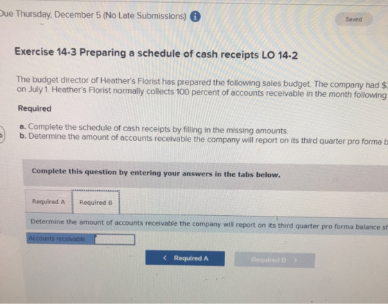 Due Thursday, December 5 (No Late Submissions) Saved Exercise 14-3 Preparing a schedule of cash receipts LO 14-2 The budget d