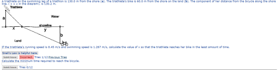 A triathlete on the swimming leg of a triathlon is 130.0 m from the shore (a). The triathletes bike is 60.0 m from the shore