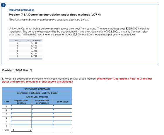 Required information Problem 7-5A Determine depreciation under three methods (L07-4) (The following information applies to th