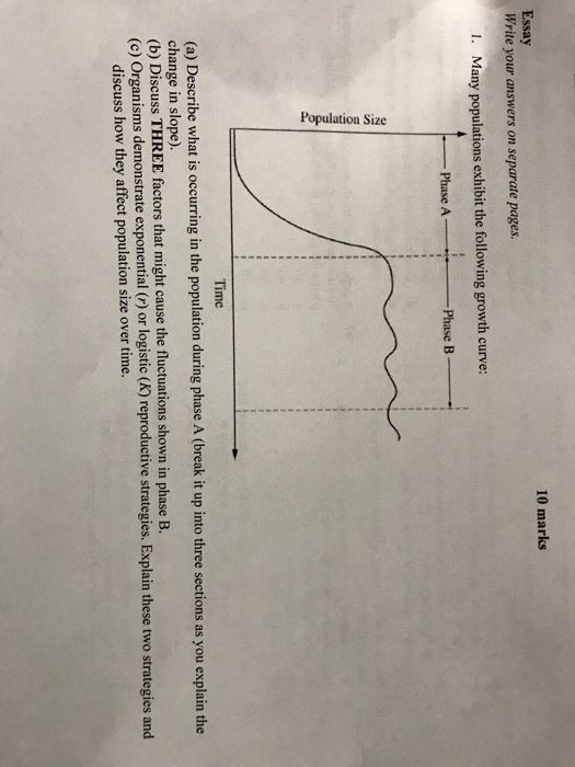 10 marks Essay Write your answers on separate pages. l. Many populations exhibit the following growth curve: Phase A--T← Phase B Time (a) Describe what is occurring in the population during phase A (break it up into three sections as you explain the change in slope). (b) Discuss THREE factors that might cause the fluctuations shown in phase B nisms demonstrate exponential (r) or logistic (K) reproductive strategies. Explain these two strategies and discuss how they affect population size over time.
