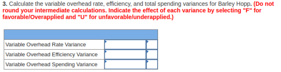 3. Calculate the variable overhead rate, efficiency, and total spending variances for Barley Hopp. (Do tot round your interme