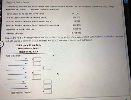 Reporting Paid-In Capital The following accounts and their balances were selected from the adjusted trial balance of Point Lo