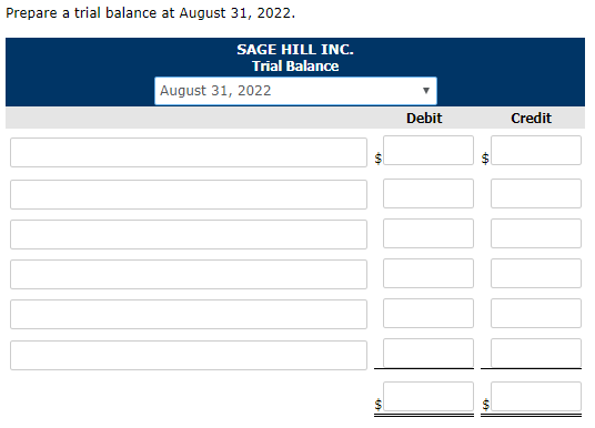 Prepare a trial balance at August 31, 2022. SAGE HILL INC. Trial Balance August 31, 2022 Debit Credit