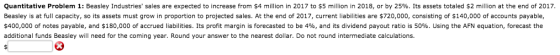 Quantitative Problem 1: Beasley Industries sales are expected to increase from $4 million in 2017 to $5 million in 2018, or