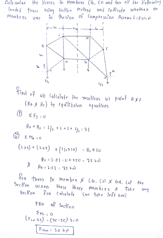 et nine the tontes in mem bens (6,(D and GH 아 the rolle winy louded tuss Using Sehion method ond ndicute whethea membe ame in Section 4(noss these thre em bens X tok e qn (Fcr