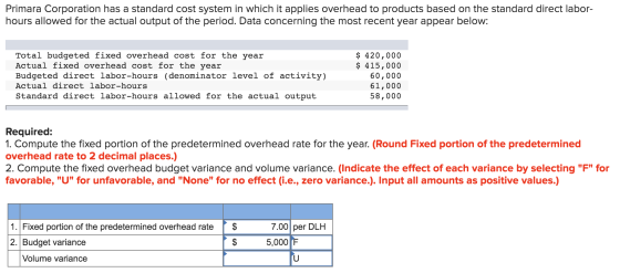 Primara Corporation has a standard cost system in which it applies overhead to products based on the standard direct labor- h