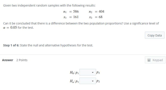 Given two independent random samples with the following results: ni = 586 n2 = 404 x = 161 X2 = 68 Can it be concluded that t