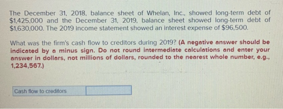 The December 31, 2018, balance sheet of Whelan, Inc., showed long-term debt of $1,425,000 and the December 31, 2019, balance