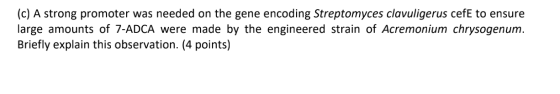 (c) A strong promoter was needed on the gene encoding Streptomyces clavuligerus cefE to ensure large amounts of 7-ADCA were m