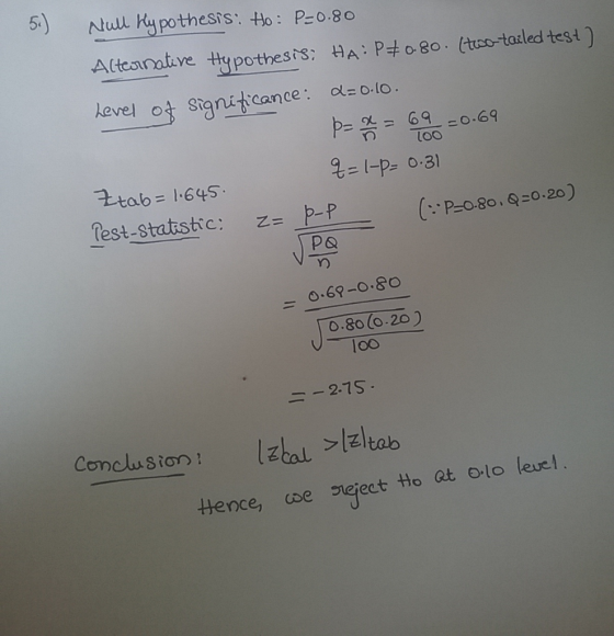 5) Null hypothesis: Ho: P=0.80 Alternative Hypothesis: HA:P+0.80. (two-tailed test) Level of significance: d=0.10. 69 =0.69 p