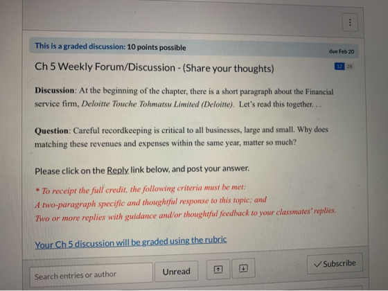 This is a graded discussion: 10 points possible due Feb 20 Ch 5 Weekly Forum/Discussion - (Share your thoughts) 12 28 Discuss