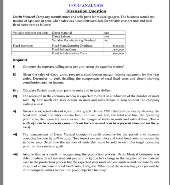 C-V-P ANALYSIS Discussion Question Darin Musical Company manufactures and sells parts for musical gadgets. The business earne