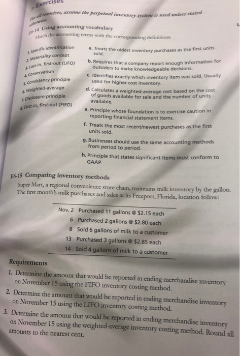 Exercises Se the perpetual interessed as some ter started 14 Using accounting vocabulary ch che accounting terms with the cor