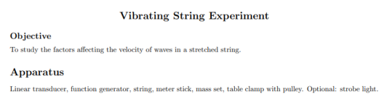 Vibrating String Experiment Objective To study the factors affecting the velocity of waves in a stretched string. Apparatus L
