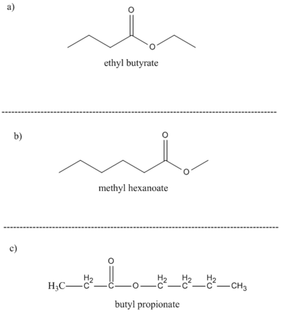 ethyl butyrate methyl hexanoate c) H3Cc2 butyl propionate