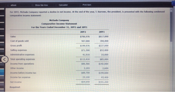 Calculator Print Item Show Me How eBook For 20Y2, McDade Company reported a dedine in net income. At the end of the year, T.