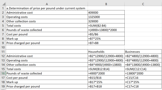 409000 1325000 329000 =SUM(B2:B4) = (4900+13800)*2000 =B5/B6 =B7*25% =B7+B8 1 a.Determination of price per pound under curren