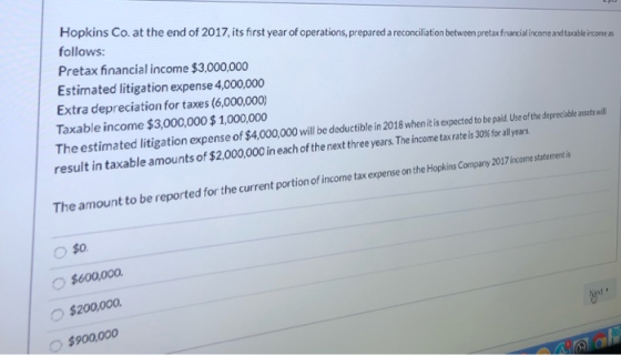 Hopkins Co. at the end of 2017, its first year of operations, prepared a reconciliation between pretax financial income and t