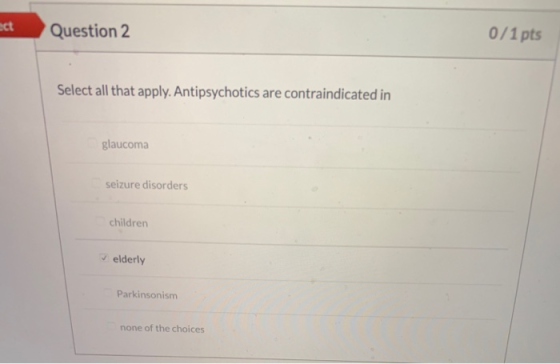 Question 2 0/1 pts Select all that apply. Antipsychotics are contraindicated in glaucoma seizure disorders children elderly P