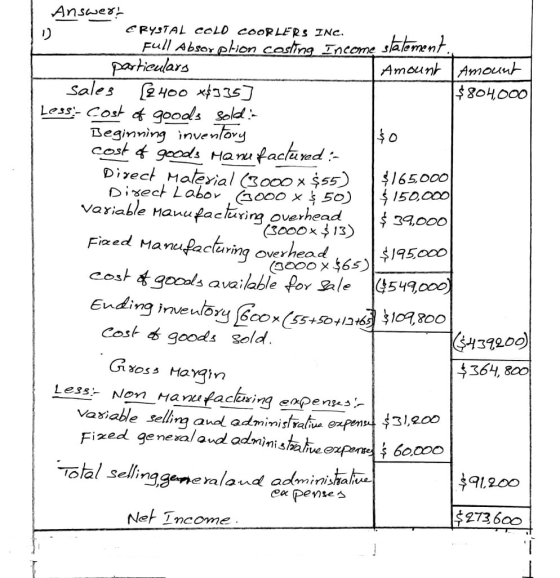 Answert 1) CRYSTAL COLD COORLERS INC. Full Absorplion costing Income stalement.. particulars Amount Amount sales [2400 *$335]