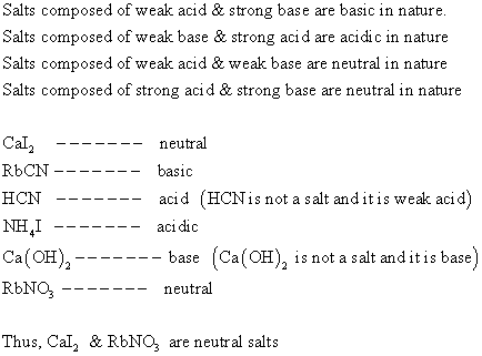 Salts composed of weak acid & strong base are basic in nature. Salts composed of weak base & strong aci d are acidic in natur