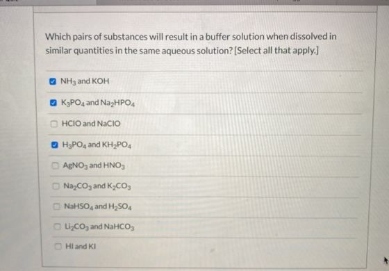 Which pairs of substances will result in a buffer solution when dissolved in similar quantities in the same aqueous solution?