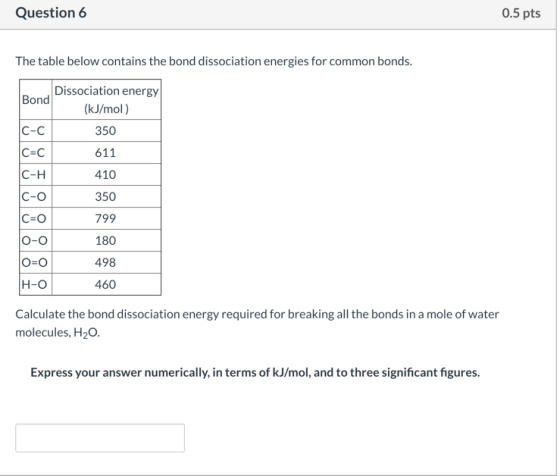 Question 6 0.5 pts The table below contains the bond dissociation energies for common bonds. 410 Dissociation energy Bond (kJ