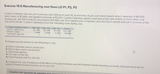 Exercise 15-5 Manufacturing cost flows LO P1, P2, P3 Custom Cabinetry has one job in process (Job 120) as of June 30, at that