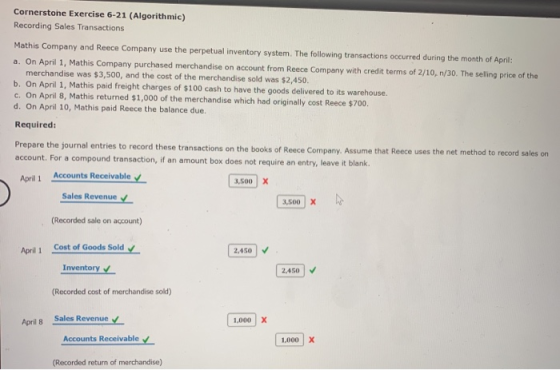 Cornerstone Exercise 6-21 (Algorithmic) Recording Sales Transactions Mathis Company and Reece Company use the perpetual inven