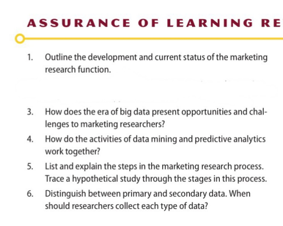 ASSU RANCE OF LEARNING RE 1. Outline the development and current status of the marketing research function. 3. How does the e