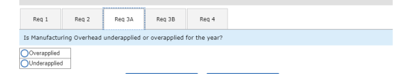 Req 2 Req 3A Req 3B Req 4 Req 1 Is Manufacturing Overhead underapplied or overapplied for the year? OOverapplied OUnderapplied