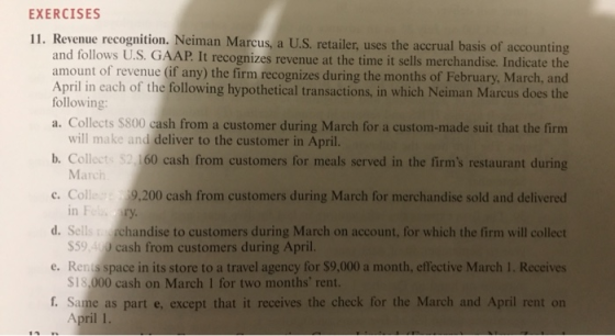 EXERCISES 11. Revenue recognition. Neiman Marcus, a U.S. retailer, uses the accrual basis of accounting and follows U.S. GAAP