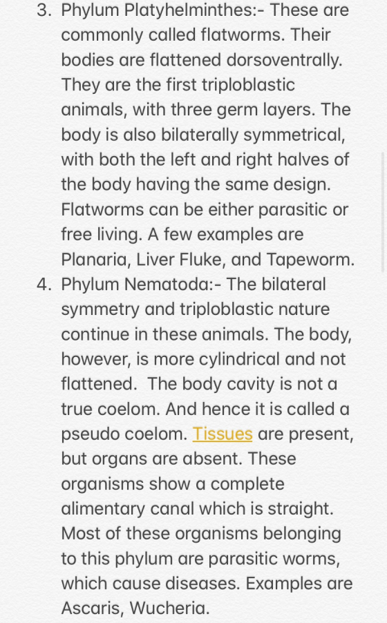 3. Phylum Platyhelminthes:- These are commonly called flatworms. Their bodies are flattened dorsoventrally. They are the firs