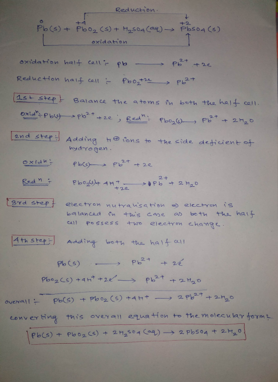 Reduction. Pb(s) + Pbo.2 (s) + H₂ 504 (aq) pbsoa(s). oxidation oxidation half cell pb - pt +2e Reduction half cell : Photze P