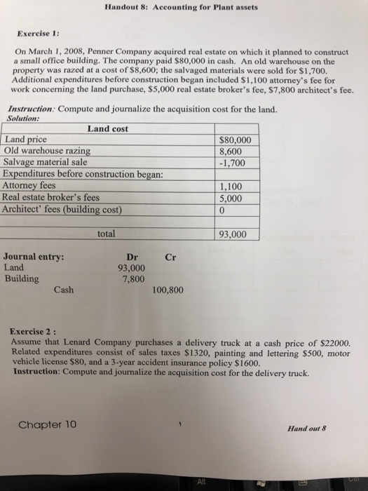 Handout 8: Accounting for Plant assets Exercise 1: On March 1, 2008, Penner Company acquired real estate on which it planned