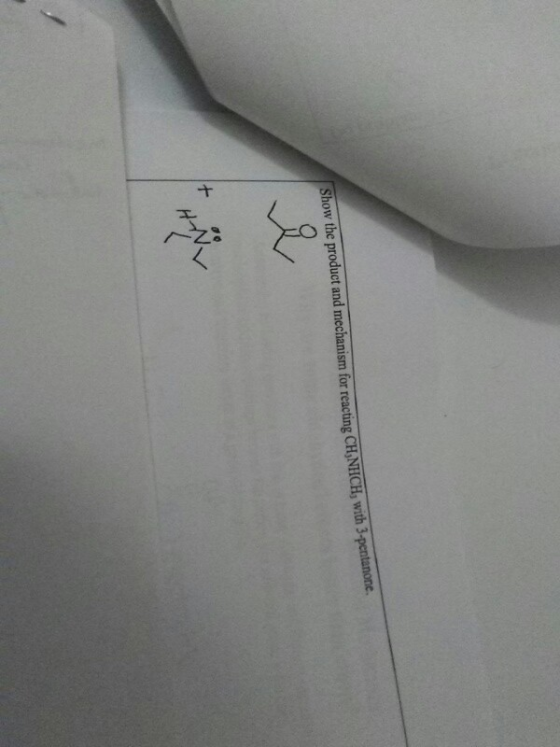 Show the product and mechanism for reacting CH NHCH, with 3-pentanone.