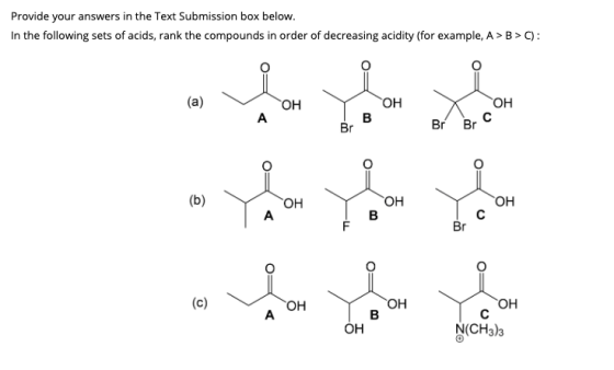 Provide your answers in the Text Submission box below. In the following sets of acids, rank the compounds in order of decreas