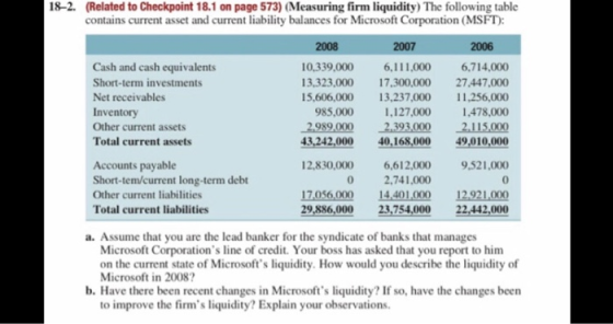18-2. (Related to Checkpoint 18.1 on page 573) (Measuring firm liquidity) The following table contains current asset and curr