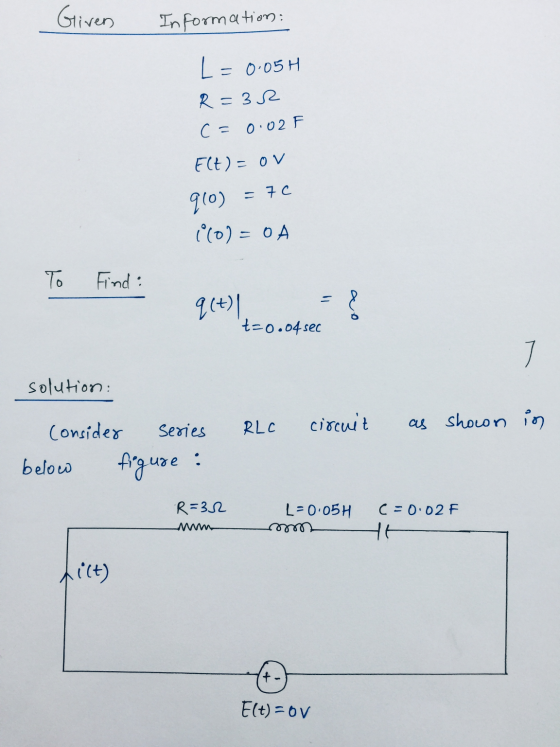 Givens Information: = 0·05 H La R = 32 c=0.02 Elt) = OV =7c 910) ((o)=0A To Find: = 9(+) t=0.04sec ao 7 solution: consider R