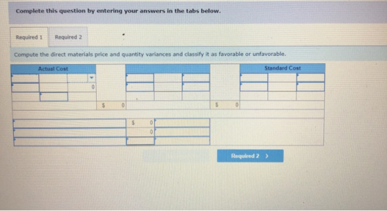 Complete this question by entering your answers in the tabs below. Required 1 Required 2 Compute the direct materials price a