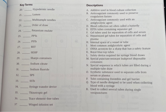 Key Terms Hypodermic needle Lumen Multisample needles Order of draw Potassium oxalate PPTS PSTS RST SESIP Descriptions A. Add